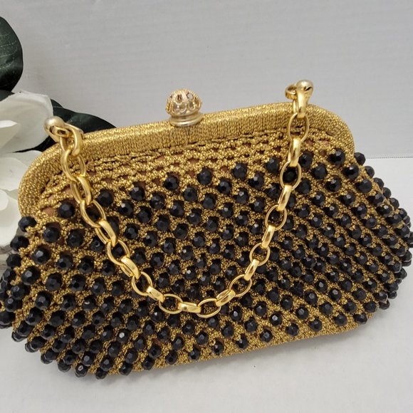 Vintage 50's Womens Gold Black Purse Bag Styled by Simon Italy Weave Beads Night - Picture 6 of 15